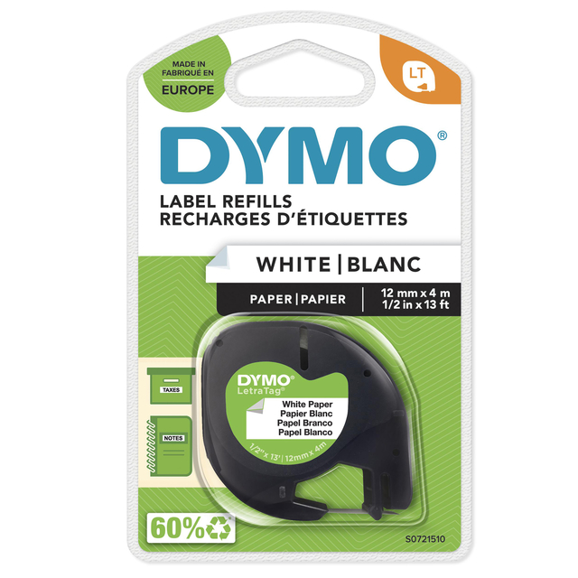 Dymo LT Ppr Tape 12mmx4m Wht/S0721510