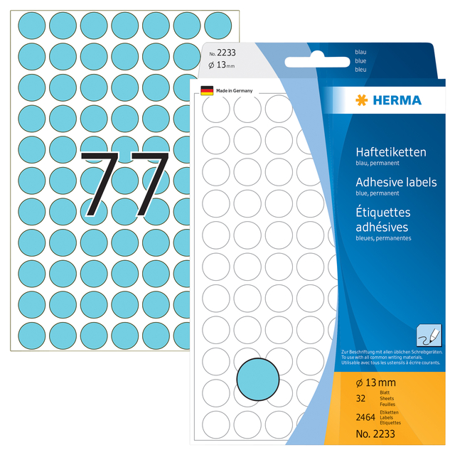 Etiket HERMA 2233 rond 13mm blauw 2464 stuks