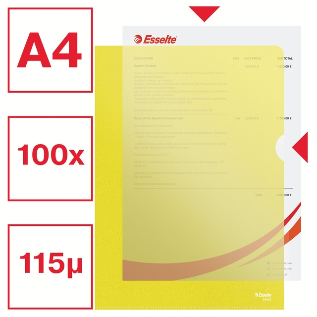 Insteekmap L-model Esselte standaard A4 0.11mm PP geel 100 stuks