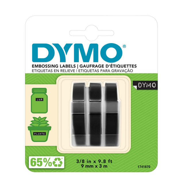 Reliëftape Dymo embossing plastic 9mm zwart op wit 3 stuk