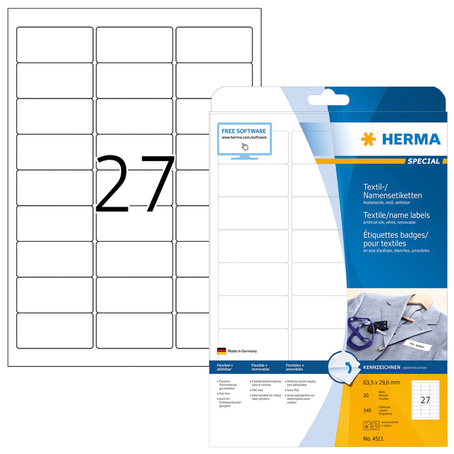 Naambadge etiket HERMA 4511 63.5x29.6mm wit 540 stuks
