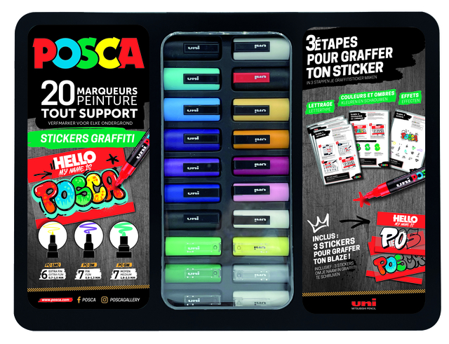 Verfstift Posca Sticker Graffiti assorti metalen koffer à 20 stuk