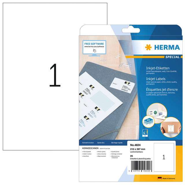 Inkjet labels A4, 210 x 297 mm, white, permanent adhesion