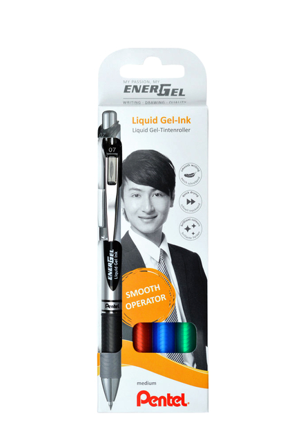 Gelschrijver Pentel BL77 Energel medium zwart-rood-blauw-groen blister à 4 stuk