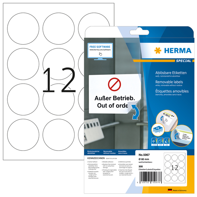 Label HERMA 5067 60mm removable white 300 labels