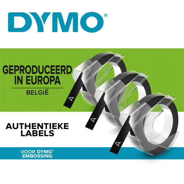 Reliëftape Dymo embossing plastic 9mm zwart op wit 3 stuk