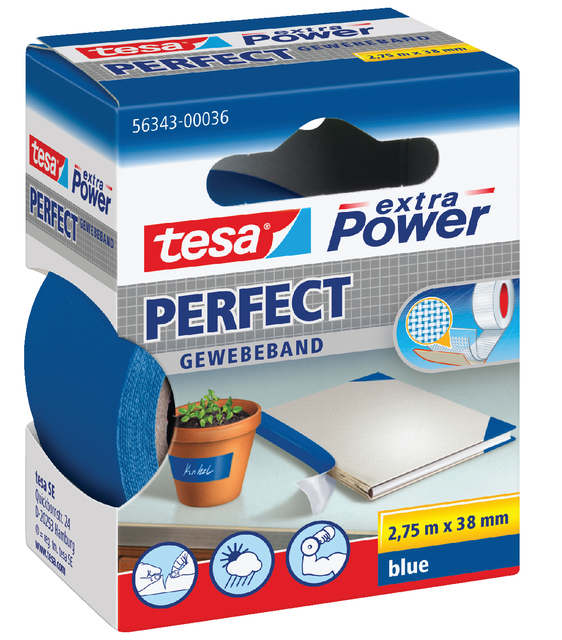 tesa extra Power Perfect extra strong self-adhesive cloth tape,2.75m:38mm, blue