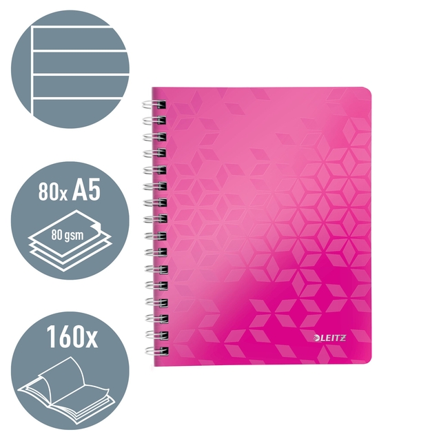 Notitieboek Leitz WOW A5 spiraal 160 pagina's lijn roze