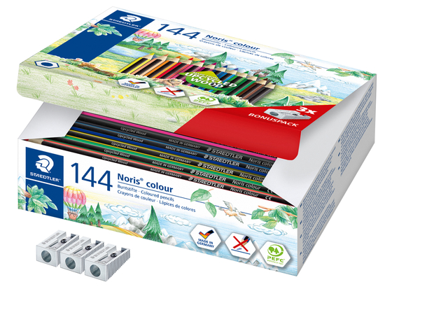 Kleurpotloden Staedtler Noris classpack à 144 stuks 12 kleuren + 3 puntenslijpers grati