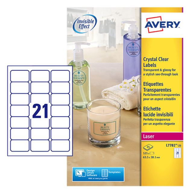 Etiket Avery L7782-25 63.5x38.1mm transparant 525stuks