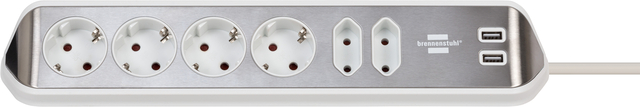 Desk socket Brennenstuhl Estilo 6-way including 2 USB 2 meter white/silver
