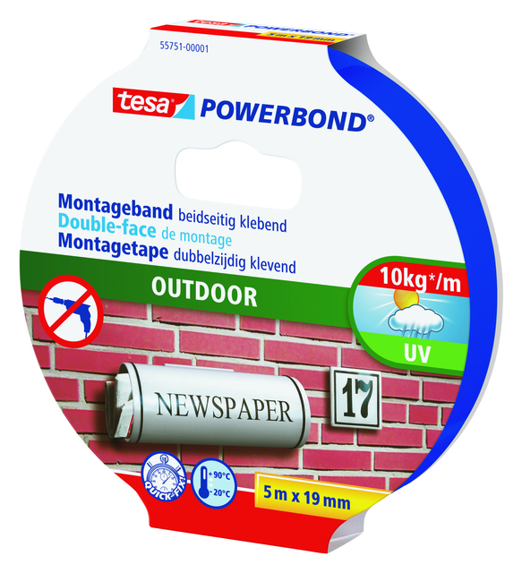Montagetape tesa® Powerbond Outdoor dubbelzijdig 5mx19mm transparan