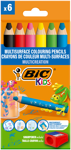 Kleurpotloden BicKids Multi Surface inclusief puntenslijper assorti pak à 6 stuk