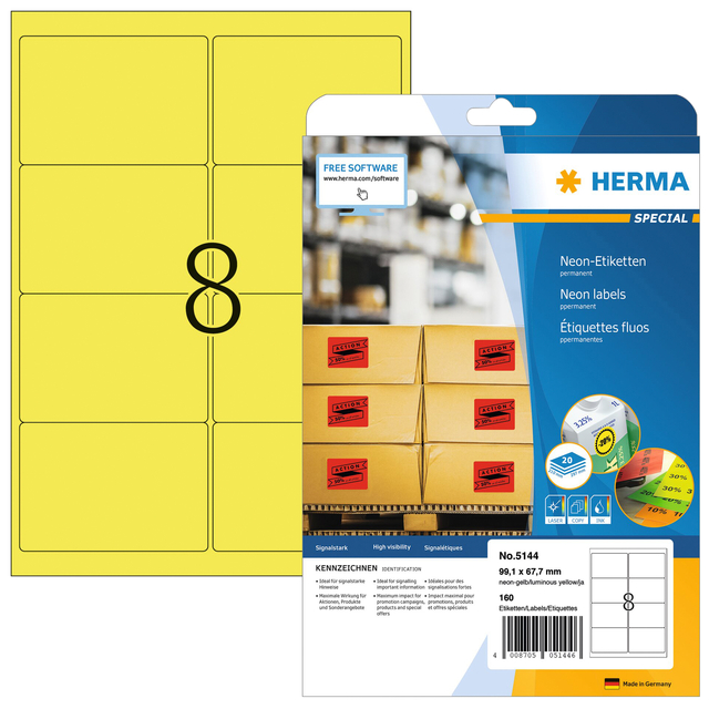 Neon labels A4, 99,1 x 67,7 mm, luminous yellow permanent adhesion