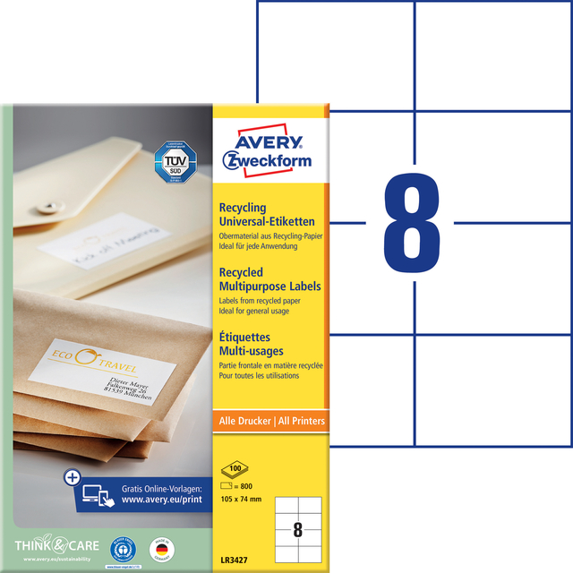 Etiket Avery LR3427-100 105x74mm recycled wit 800 stuks