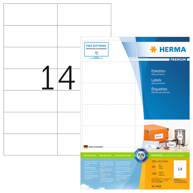 Etiket HERMA 4625 105x42.3mm premium wit 2800 stuks