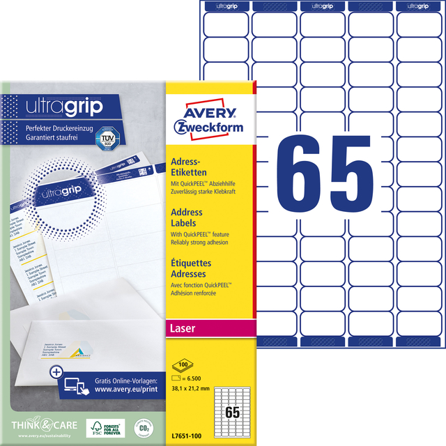 Etiket Avery L7651-100 38.1x21.2mm wit 6500 stuks