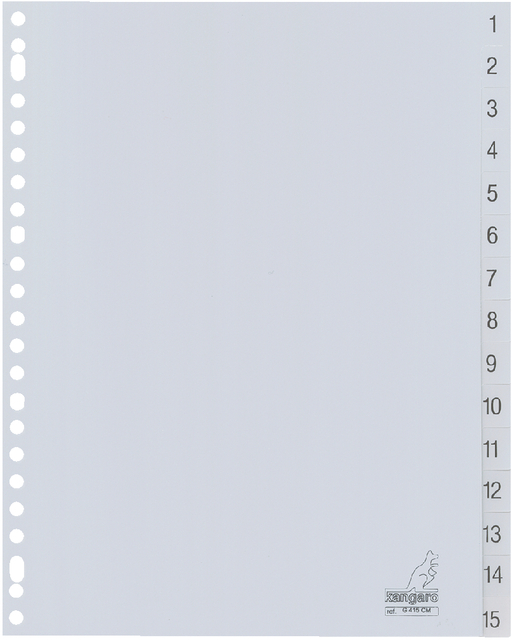 Dividers Kangaro A4 PP 120 micron 23 holes 15 tabs numbered grey