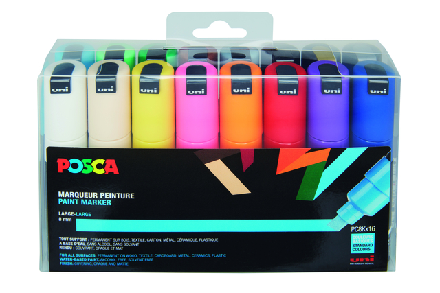 Verfstift Posca PC8K breed schuin assorti set à 16 stuk