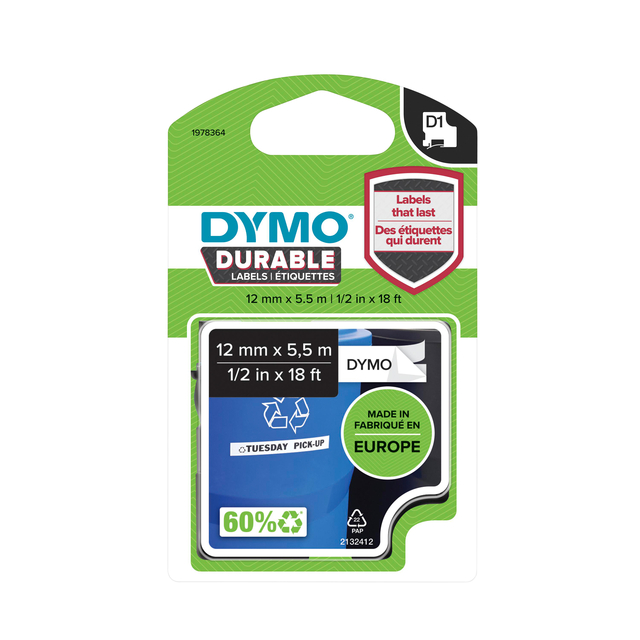Dymo Durable D1Tape 12mmx5.5m Blk on Wht