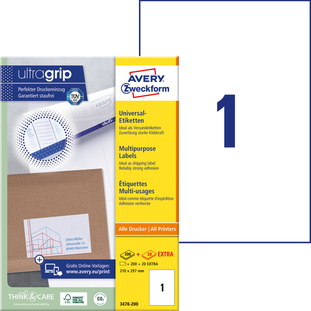 Etiket Avery 3478-200 210x297mm A4 wit 200 stuks