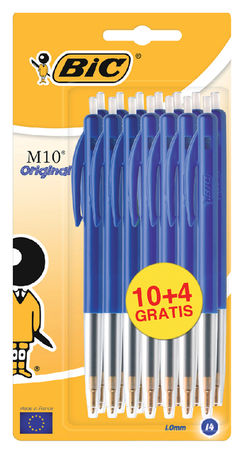 Balpen Bic M10 medium blauw blister à 10+4 grati