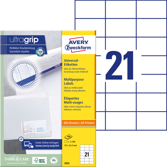 Etiket Avery 3652 70x42.3mm wit 2100 stuks