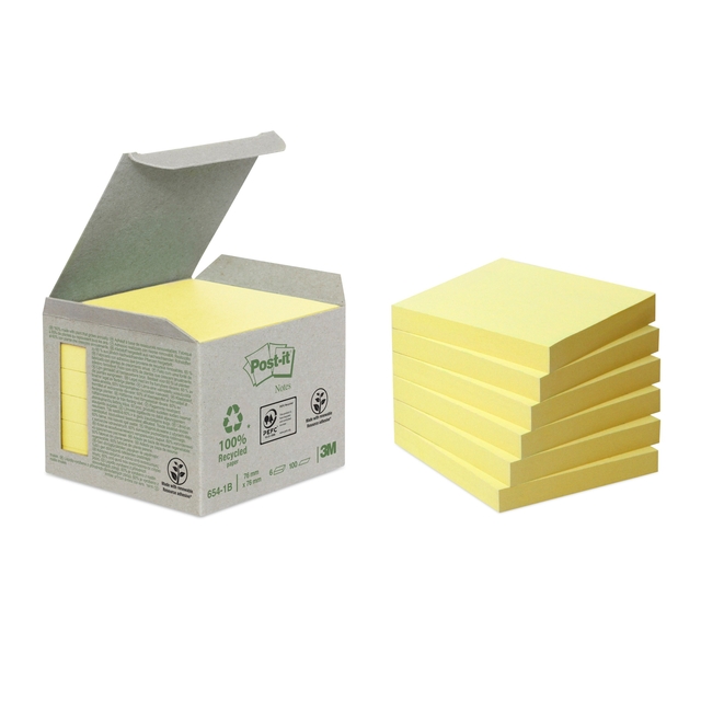 Memo pad Post-it 654-1B 76x76mm recycled yellow 6 pieces