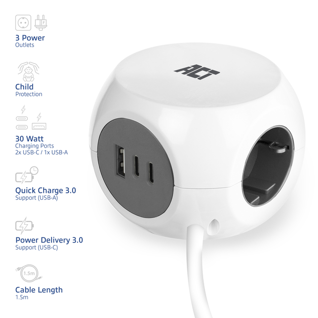 Stekkerblok ACT 3 voudig  inclusief 2x USB C/A 1.5 meter wit/grijs