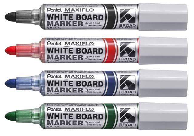 Whiteboardmarker Pentel MWL5M Maxiflo rond 3mm assorti set à 4 stuks