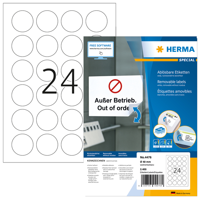 Label HERMA 4476 40mm removable white 2400 labels