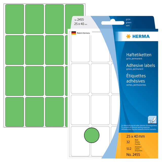 Multi-purpose labels, 25 x 40 mm, green, permanent adhesion, for hand lettering