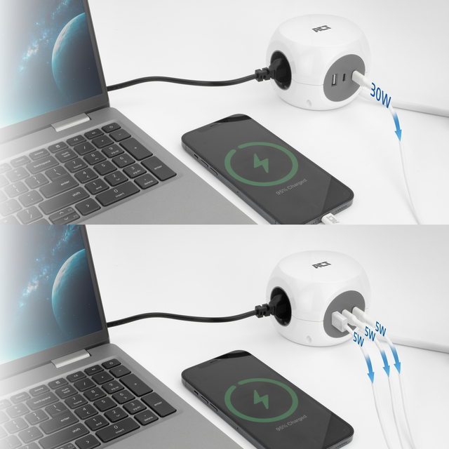Stekkerblok ACT 3 voudig  inclusief 2x USB C/A 1.5 meter wit/grijs
