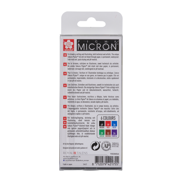 Fineliner Sakura Pigma Micron 05 basic set 6 kleuren