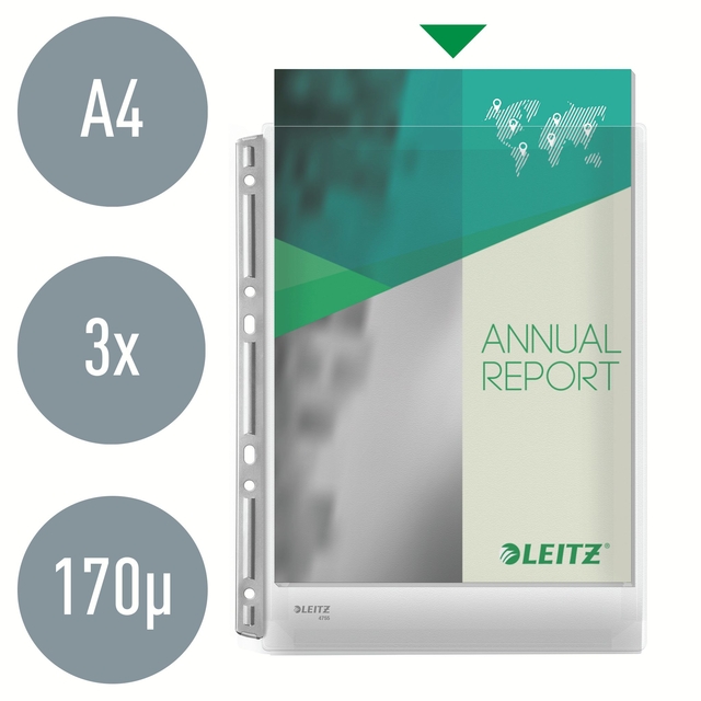 Harmonica showtas Leitz Premium 0.17mm metalen perforatiestrip copy safe A4 glashelder 3 stuks