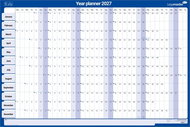 Jaarplanner 2027 Legamaster 90x60cm horizontaal gelamineerd en oprolbaar Engelstalig
