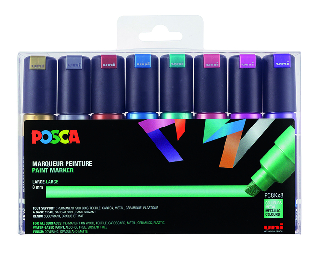 Verfstift Posca PC8K breed schuin metallic assorti set à 8 stuk