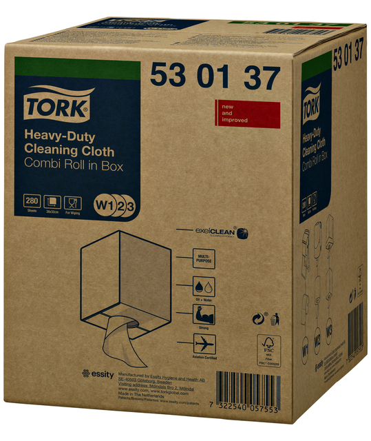 Cleaning cloth Tork Heavy-duty combi roll W1/2/3 nonwoven 280 sheets white 530137