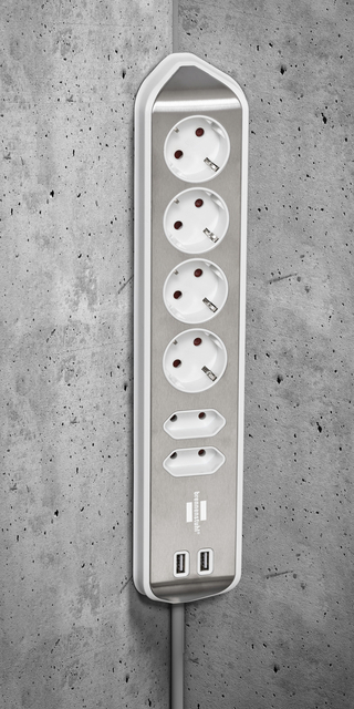 Desk socket Brennenstuhl Estilo 6-way including 2 USB 2 meter white/silver