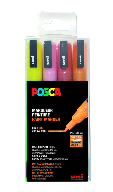 Paintmarker Uni POSCA PC3M fijn glitter warm assorti set à 4 stuks