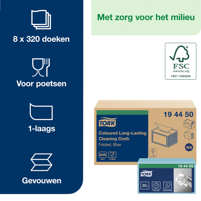 Reinigingsdoek Tork W8 Premium 1-laags 40 vel blauw 194450
