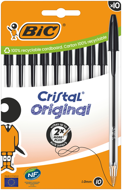 Balpen Bic Cristal medium zwart blister à 10 stuk