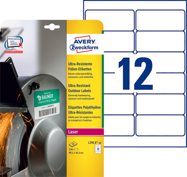 Etiket Avery Zweckform L7913-10 99.1x42.3mm polyester wit 120stuks