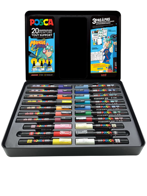 Paintmarker Uni POSCA Manga Hero assorti metalen koffer à 20 stuks