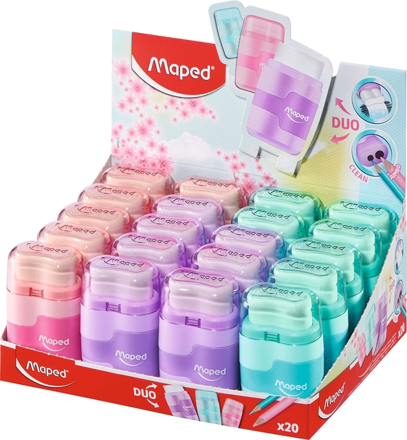 Puntenslijper Maped Connect 2gaats met gum display á 20 stuks pastel assort