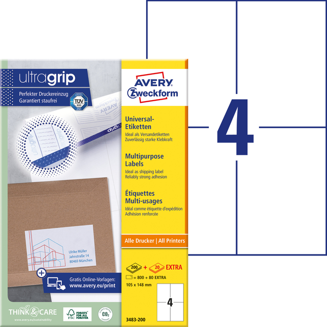 Etiket Avery 3483-200 105x148mm A6 wit 800 stuks