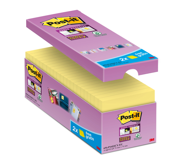 Memo pad Post-it 654 Super Sticky 76x76mm yellow 14+2 free