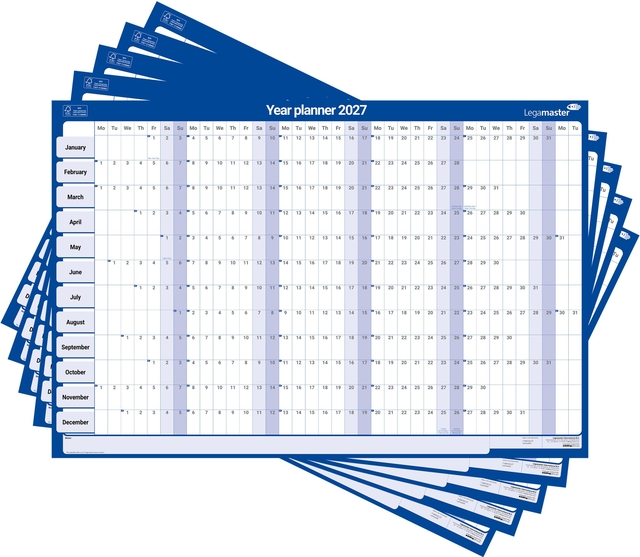 Jaarplanner 2027 Legamaster 90x60cm horizontaal gelamineerd Engelstalig