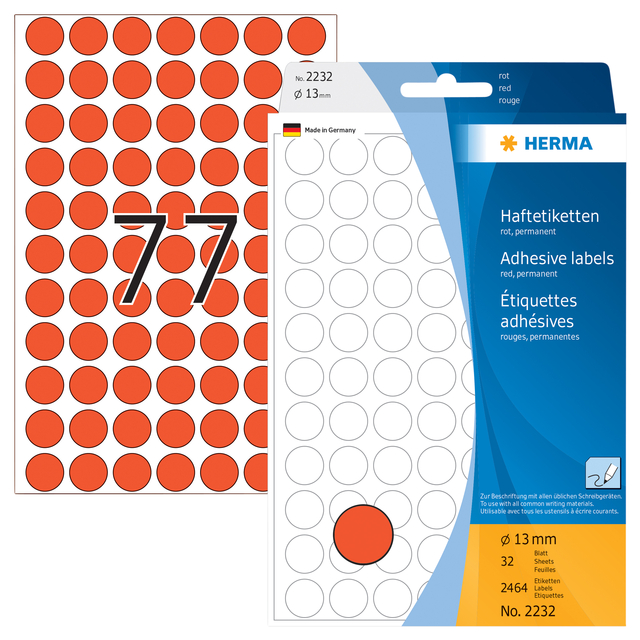 Multi-purpose labels / colour dots, Ø 13 mm, round, red, permanent adhesion, fo
