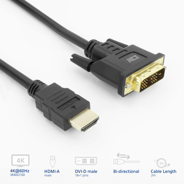 Kabel ACT HDMI DVI 18+1 pin M/M zwart 2 meter
